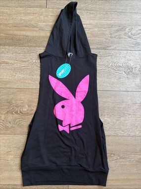 PLAYBOY Swim Deadstock Black Hooded Tank Coverup w  Hot Pink Bunny Graphic